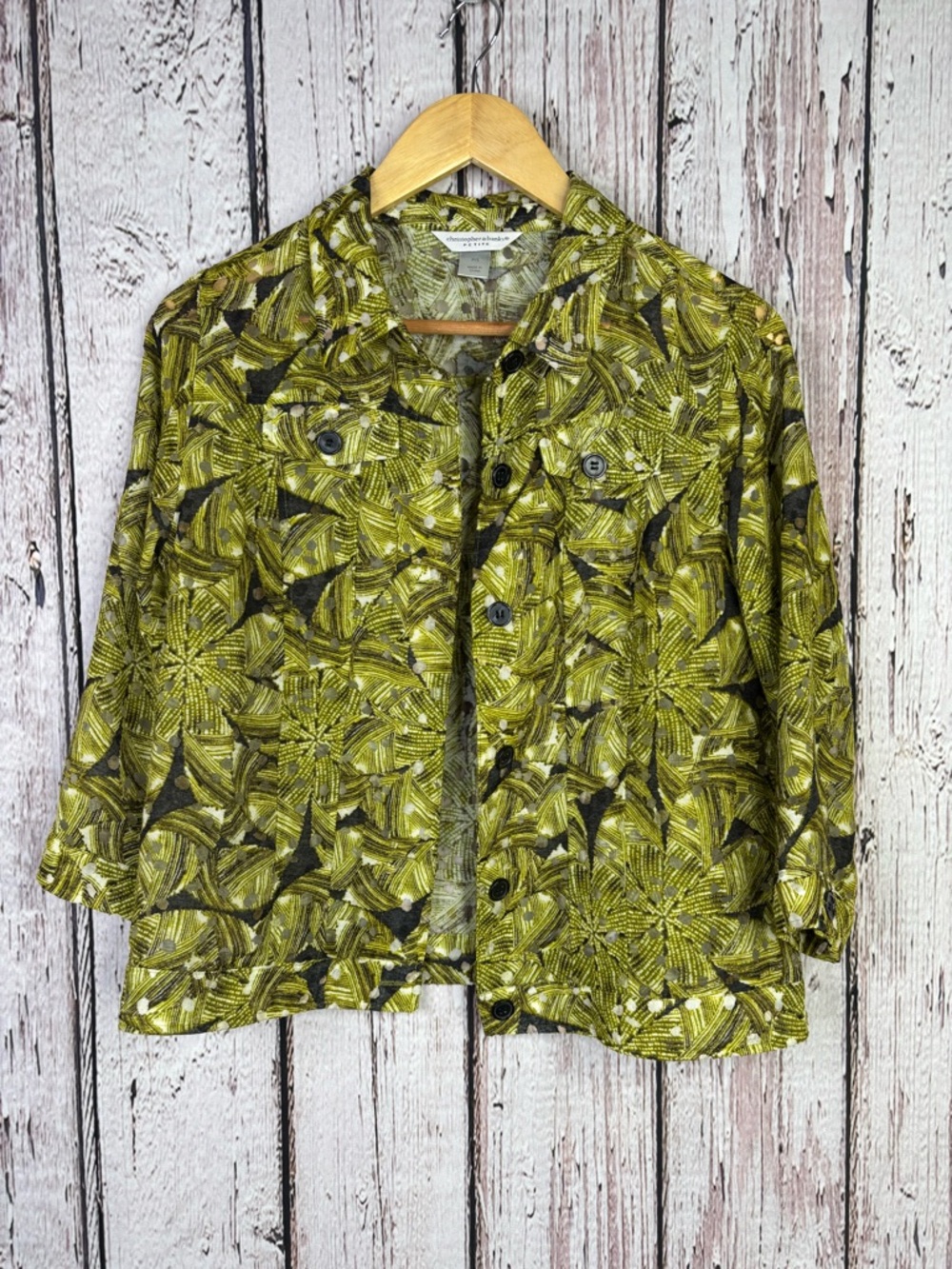 Christopher & Banks Small Petite Lightweight Burnout Blazer Jacket Green Buttons